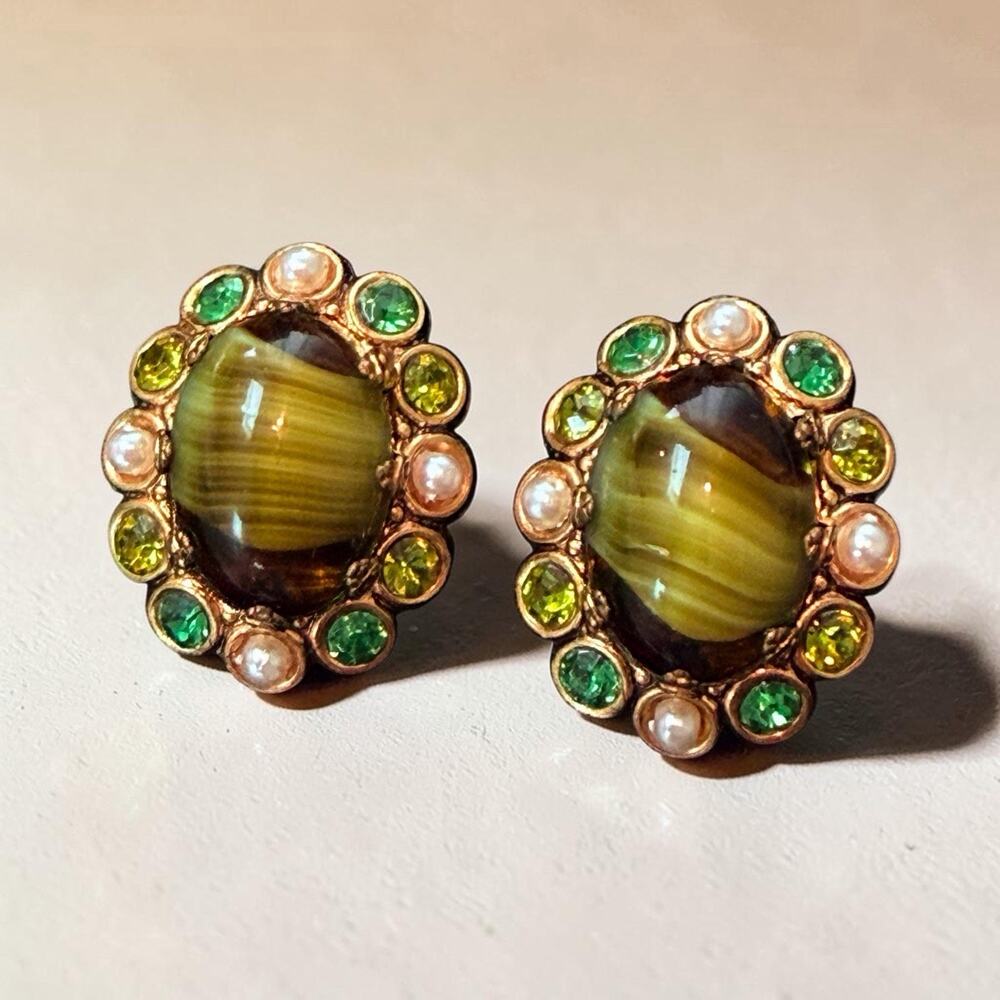 Vintage West Germany Green & Brown Porphyry Glass Rhinestone Faux Pearl Earrings